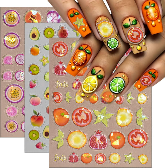 3 Sheets Summer Fruit Nail Art Stickers 5D Self-Adhesive Shell Light Embossed Lemon Orange Strawberry Nail Decals Cute Carambola Avocado Cherry Nail Supplies Women DIY Nail Art Decoration