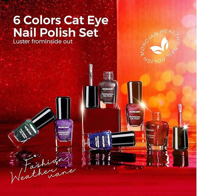Morovan Magnetic Nail Polish Set：Cat Eye Glitter Red Green Purple Blue Nail Polish Kit Shimmer Quick Dry Nail Polish Bulk for Women Nail Art Manicure Salon Gift Holiday Party