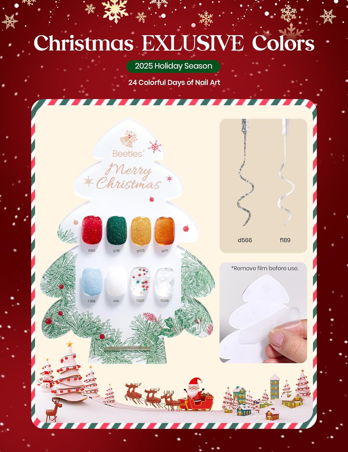 Beetles Gel Polish Merry Glitzmas 2025 Christmas Advent Calendar – 24 Days Christmas Countdown Nail Art Set with Mini LED Nail Lamp Base Top Coat and Festive Holiday Surprises Gifts for Women Girls