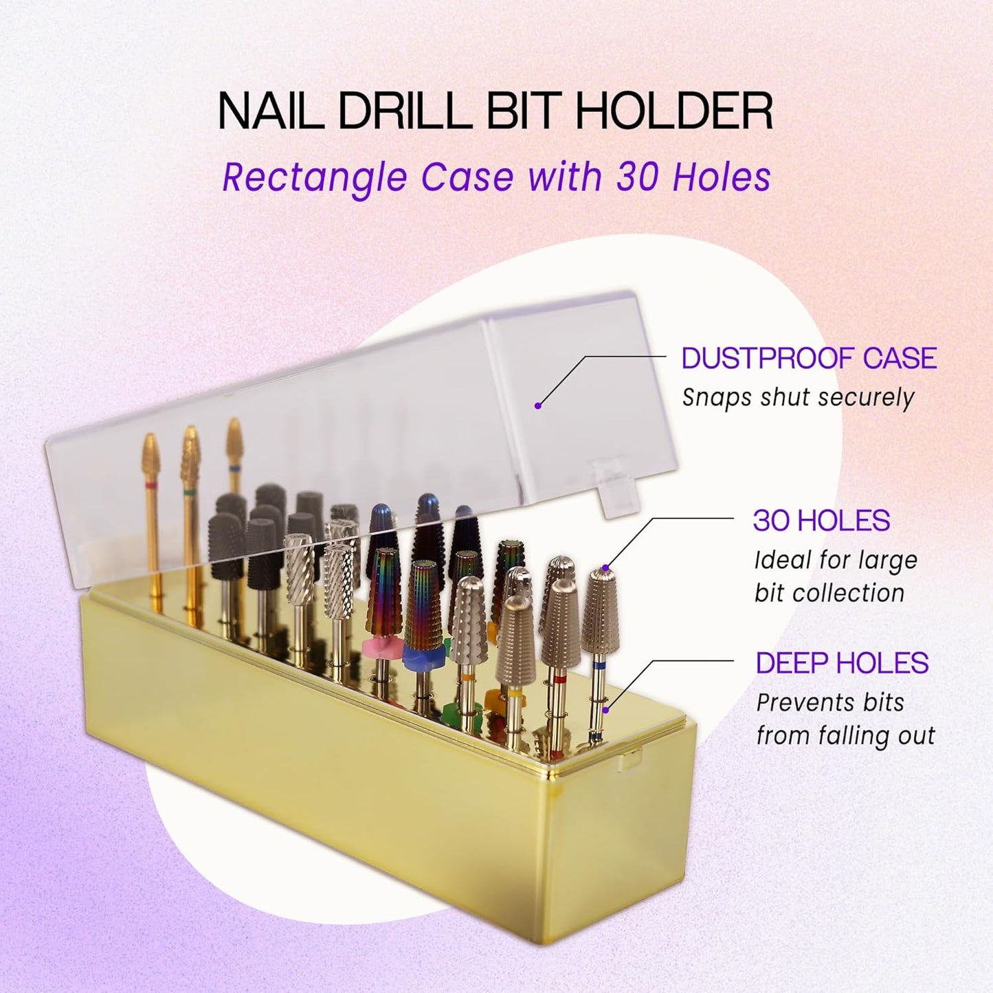 PANA Rectangle Nail Drill Bit Holder Display Organizer Case - Dustproof Carbide Bit Storage Container Box For Manicure Tools Nail Salon - 30 Holes Gold (Drill Bits Not Included)