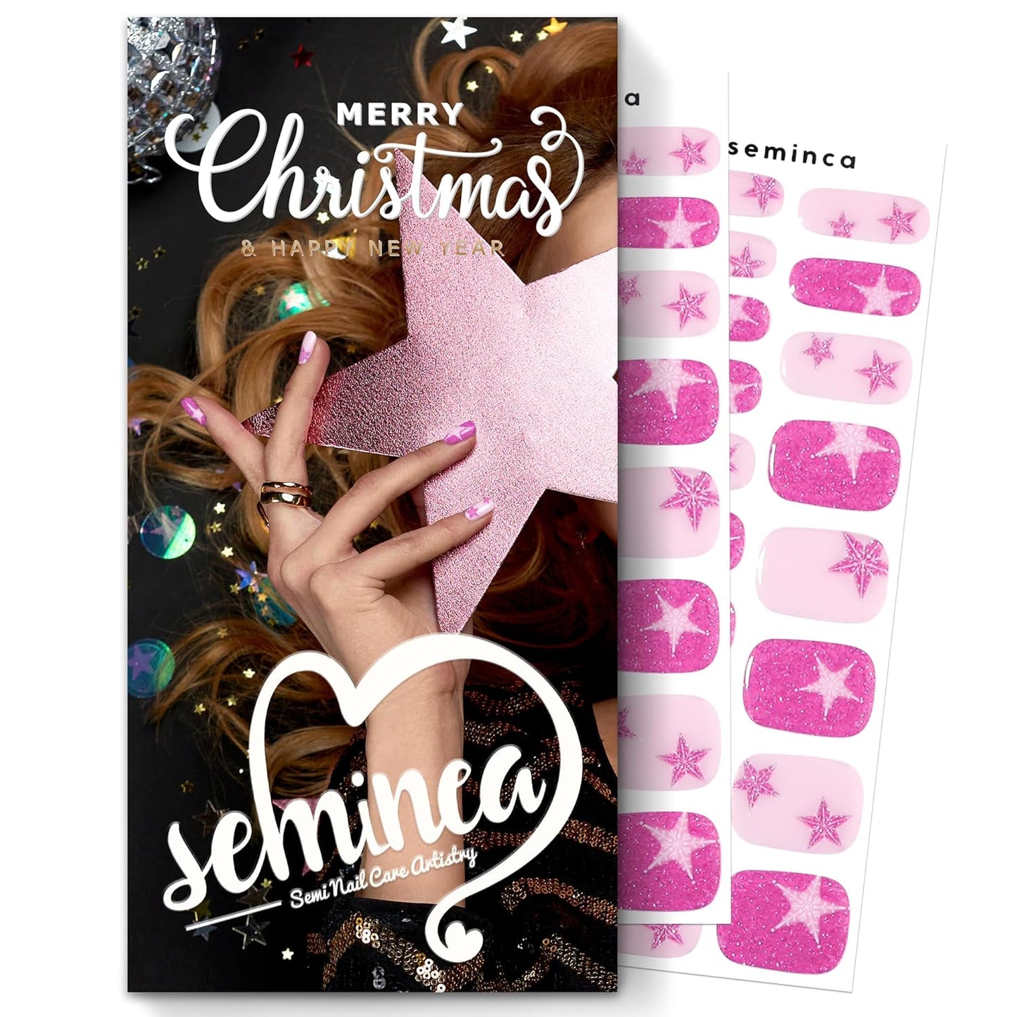 Semi Cured Gel Nail Strips-Magenta Shimmer Press on Nails with Pink Snowflakes & Stars Festive Winter Manicure Set Salon-Quality, Long Lasting, Easy On & Off(Pink Starlet)