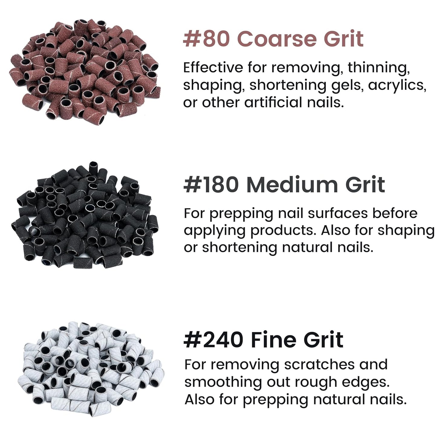 Delanie 300 Pcs #80#180#240 Sanding Bands for Electric Nail Drill Machines with Mandrel Bit, Professional Manicure Nail Salon Supplies, Fine Medium Coarse Grit