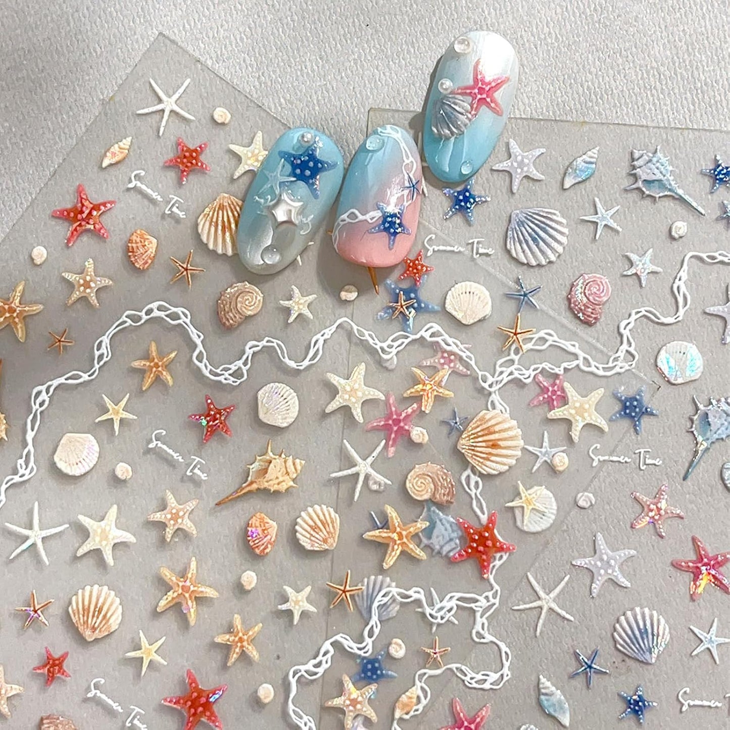 2 Sheet Summer Ocean Theme Nail Art Stickers Extra Shiny Shell Light 5D Shell Starfish for Nails Stickers Decals Gold Silver Star Jellyfish Self-Adhesive Design Nail Supplies for Women Manicure Decor