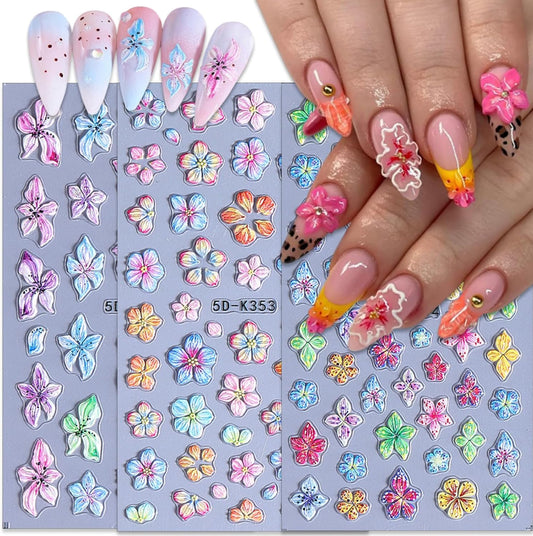 3 Sheets Colorful Flower Nail Stickers, Summer Embossed Lily Nail Decals, 5D Self-Adhesive Nail Design Stickers for Daily Festival DIY Spring Summer Floral Manicure Decoration Supplies