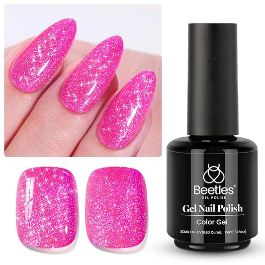 Beetles Glitter Gel Nail Polish - 15ML Hot Pink Reflective Diamond Color Soak Off Sparkle Gel UV Nail Lamp Nail Art Manicure Salon DIY at Home Gifts