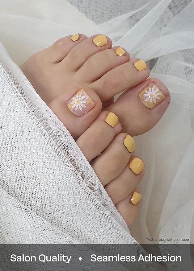 ohora Semi Cured Gel Pedi Strips (P Sun Daisy) - Yellow, Patterned, Works with UV/LED Lamps, Salon-Quality, Long Lasting, Easy to Apply & Remove - Includes 2 Prep Pads, Nail File & Wooden Stick