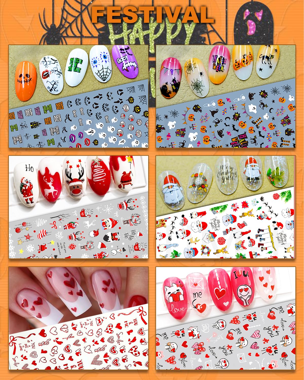 30 Sheets All Holiday Nail Art Stickers, Variety Pack Seasonal Nail Decals, Self-Adhesive Colorful Design for Daisy Flowers Butterflies Star Halloween Christmas