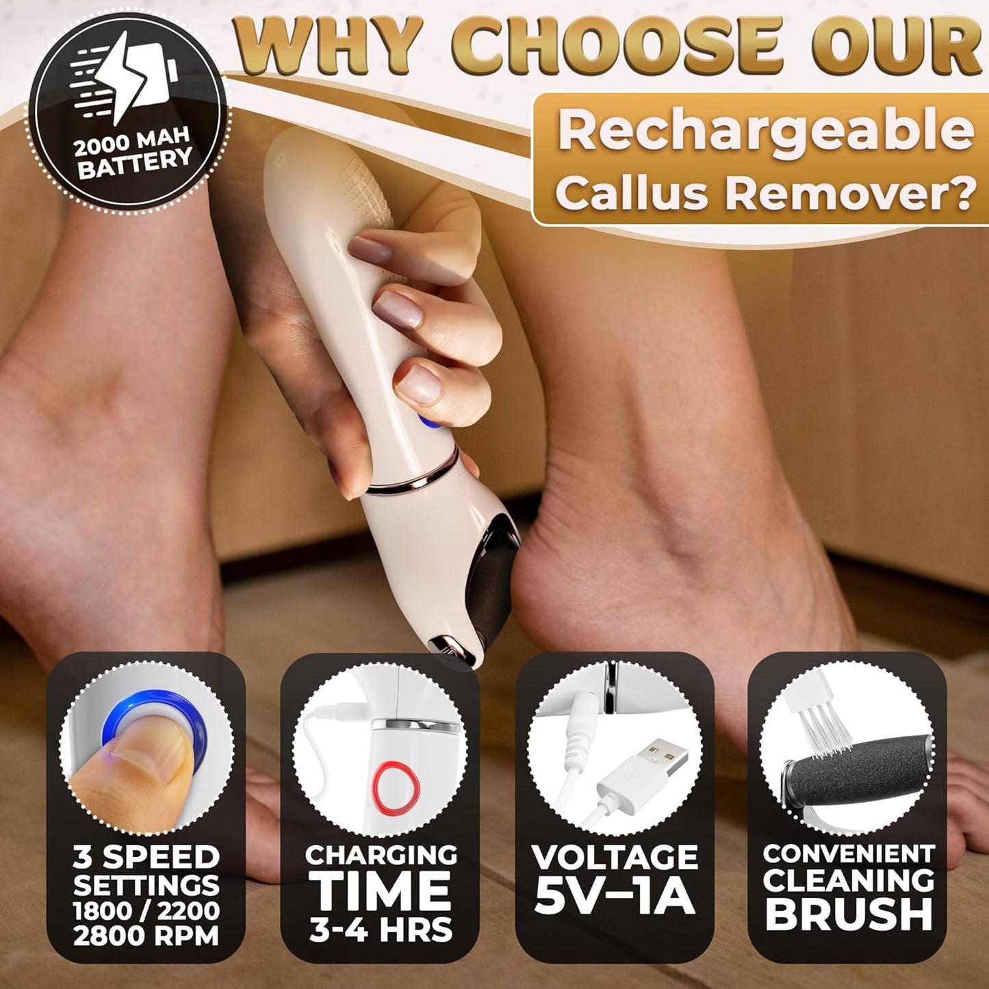Rechargeable Electric Foot Callus Remover Tool – 3-Speed Foot Sander (1800/2200/2800 RPM), Electric Callus Remover for Feet, Pedicure Tools for Feet – 1200mAh, 70 Min Runtime, 2 Replacement Rollers