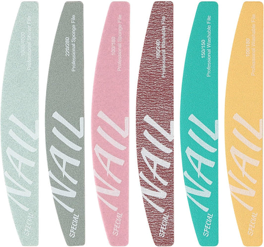 Nail Files and Buffers Kit 6Pcs 100/150/180/220/240/280/1000/4000 Grit Professional Emery Boards Reusable Washable Coarse Nail File for Gel Nails