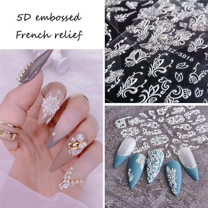 French Nail Art Sticker Decals 5D Embossed French Pattern Roses White Nail Art Accessories Self-Adhesive Nail Art Supplies Decoration Retro Classic Acrylic Nails Design, 8 Sheets