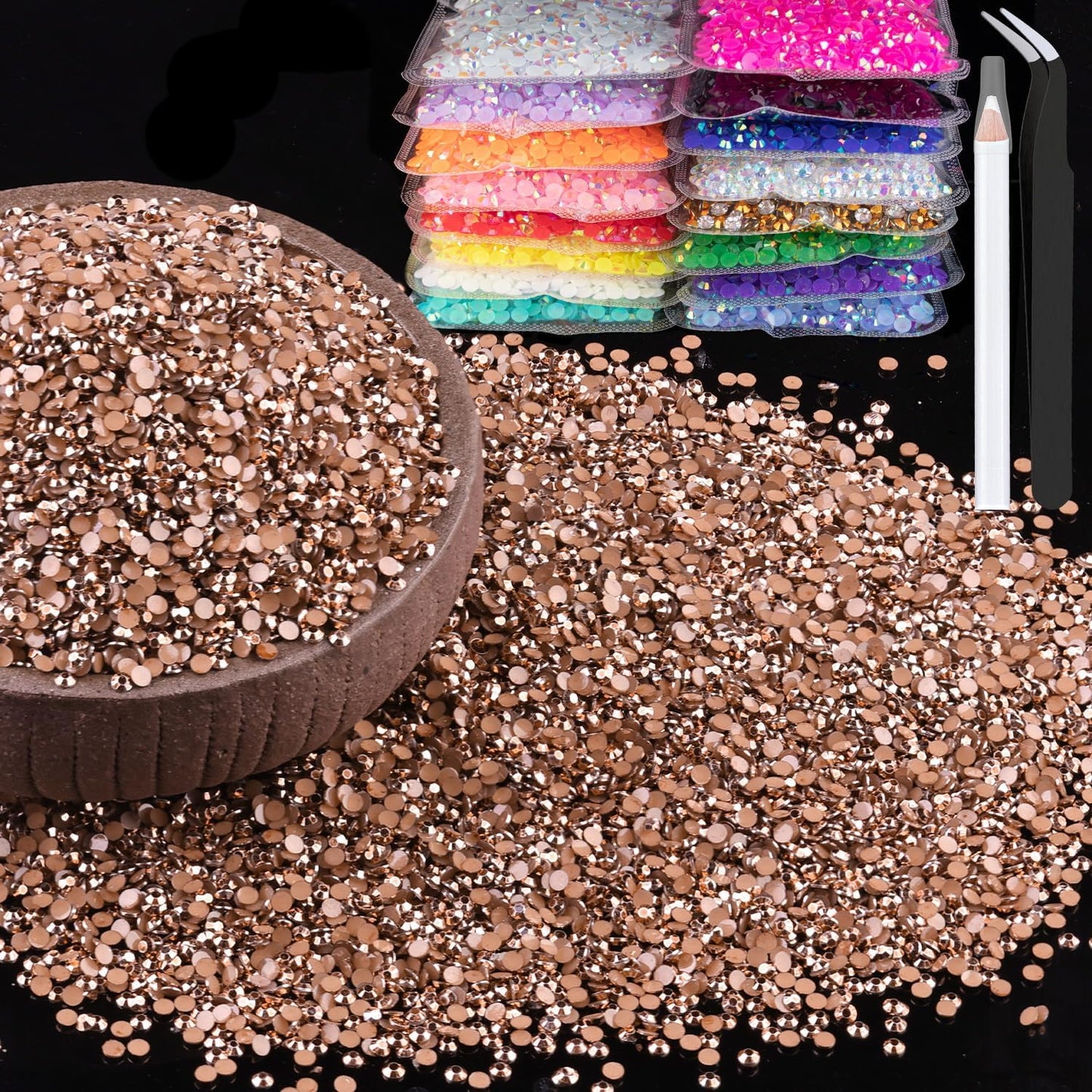 15000pcs 2mm Resin Rhinestones Bulk, Champagne Flatback Round Jelly Rhinestones Non Hotfix Crystal Gems Large Quantity Wholesale for DIY Crafts Clothes Face Makeup Manicure