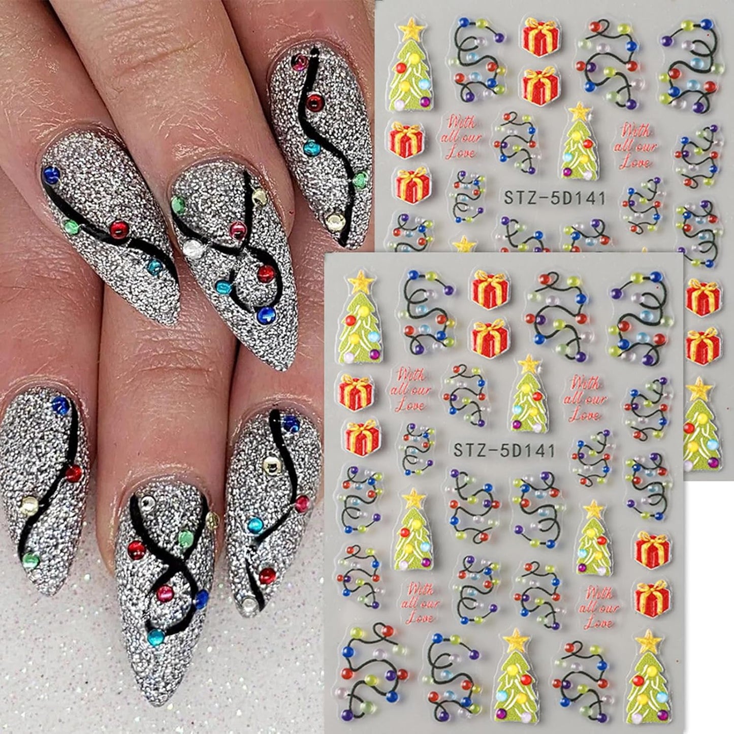 2Pcs Christmas Colorful Light Nail Art Stickers 5D Embossed Nail Decals Neon Lamp Xmas Tree Gifts Design Manicure Sliders Self-Adhesive Winter Nail Art Supplies for Women New Year Nail Decoration
