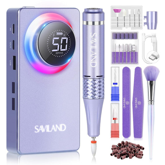 SAVILAND 50000RPM Nail Drill for Acrylic: 2025 Pro High Tech Fast Removal Electric Nails Drill Kit 6000mAh Rechargeable Machine Professional Drill Bit Nail File Buffer Tools Salon Manicure Pedicure