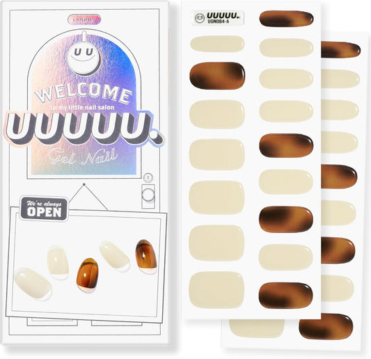 UUUUUU Semi Cured Gel Nail Strips | Salon-Quality | UV Free Gel Nail Wraps for Women | Easy Peel&Stick | Long-Lasting up to 14 Days | 28 Strips Set+File & Wipes | Gift-Ready (Amber)