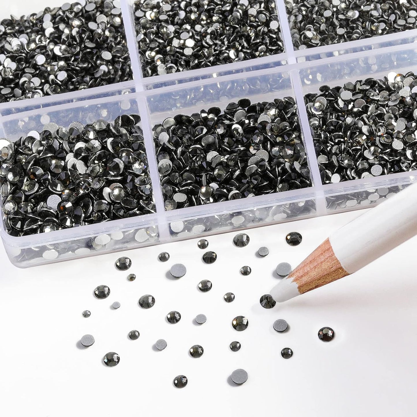 Beadsland 7200pcs Flatback Rhinestones,Gray Rhinestone Nail Gems Round Crystal Rhinestones for Crafts,Mixed 6 Sizes with Wax Pencil Kit, SS3-SS10,Black Diamond