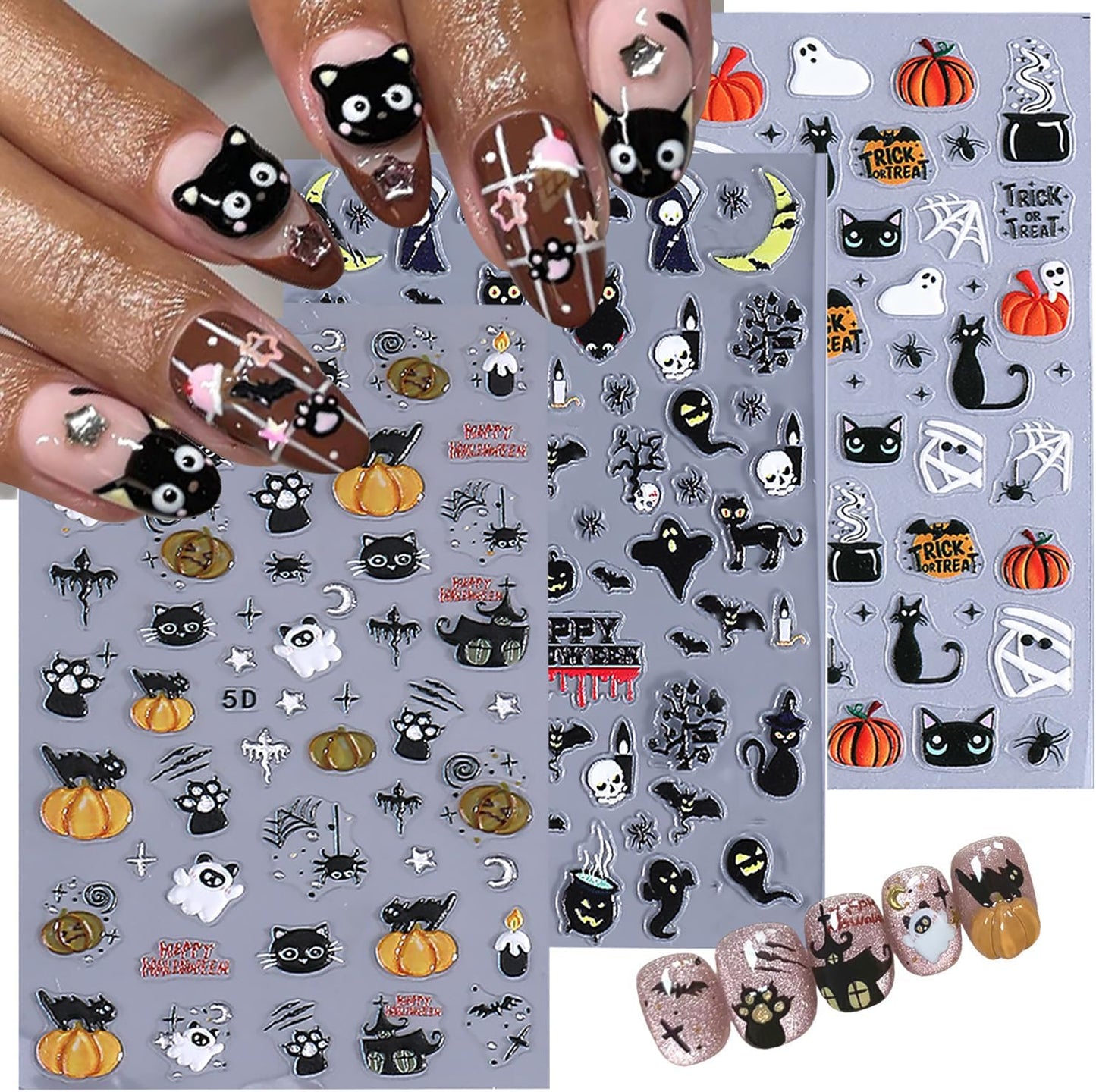 3 Sheets 5D Embossed Halloween Cat Nail Stickers for Nail Art Self Adhesive Cat Cute Ghost Nail Decals Spooky Spider Web Pumpkin Bandage Nail Designs Stickers Holiday Nails Supply for Women Manicure
