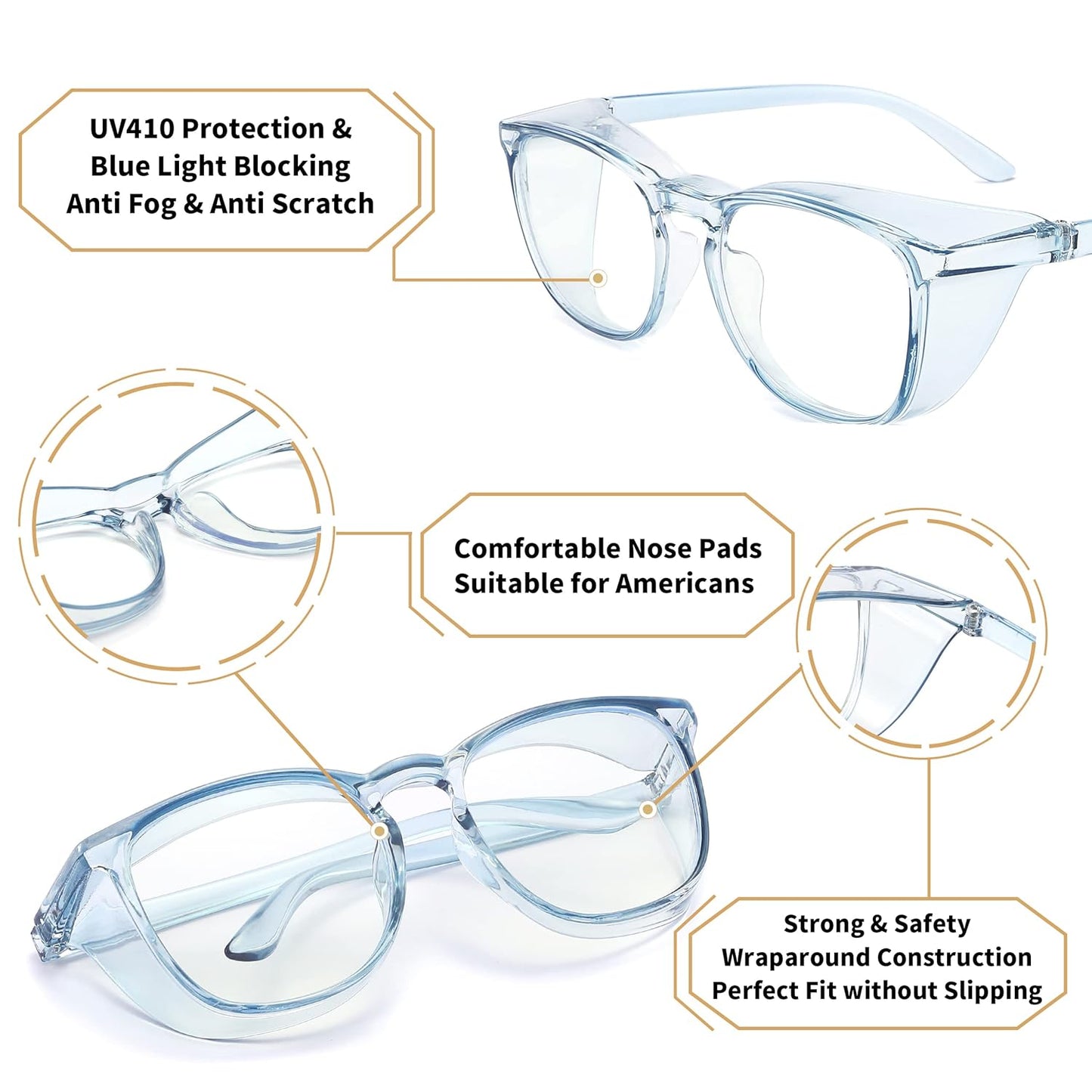 Alsenor Safety Glasses Anti Fog Goggles Protective Eyewear Blue Light Blocking Anti Dust UV Protection Glasses For Men Women (2 Pack (SkyBlue + Jade))