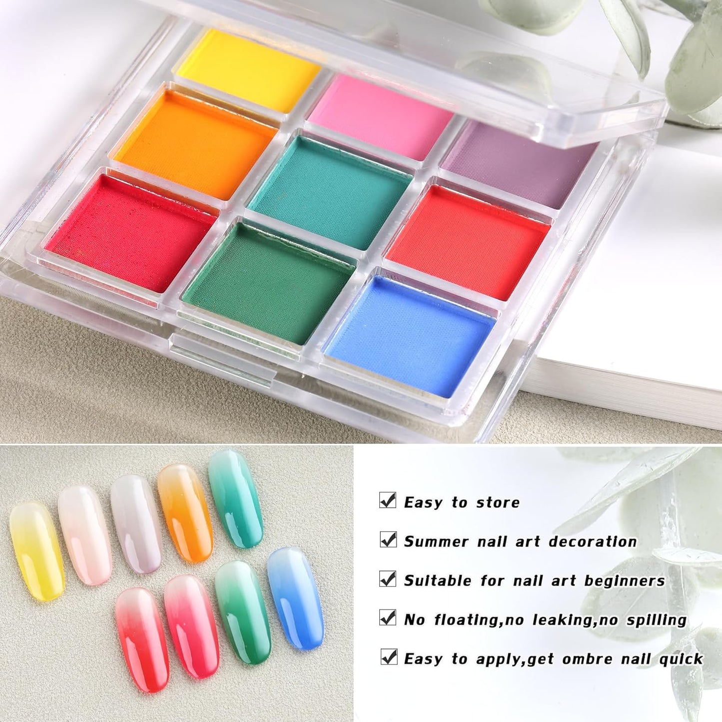 Nail Pigment Palette - 9 Colors Gradient & Solid Neon Ombre Pigment Powder Set - Includes 5 Sponge Sticks & 1 Brush - Perfect for Beginners
