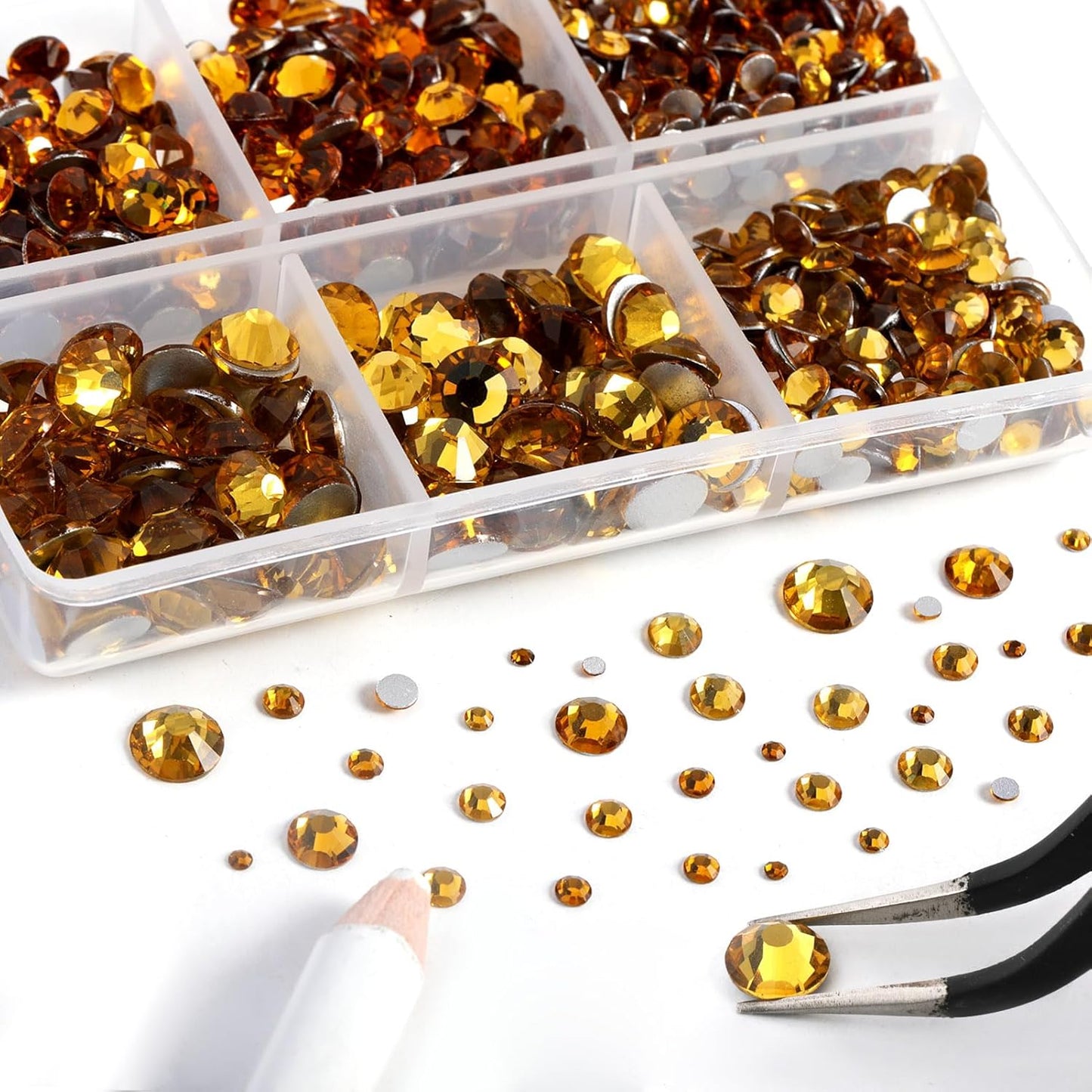 Beadsland 8300PCS Flatback Rhinestones, Topaz Rhinestone Nail Gems Round Crystal Rhinestones for Crafts, Mixed 10 Sizes with Wax Pencil and Tweezer Kit, SS3-SS30, Topaz
