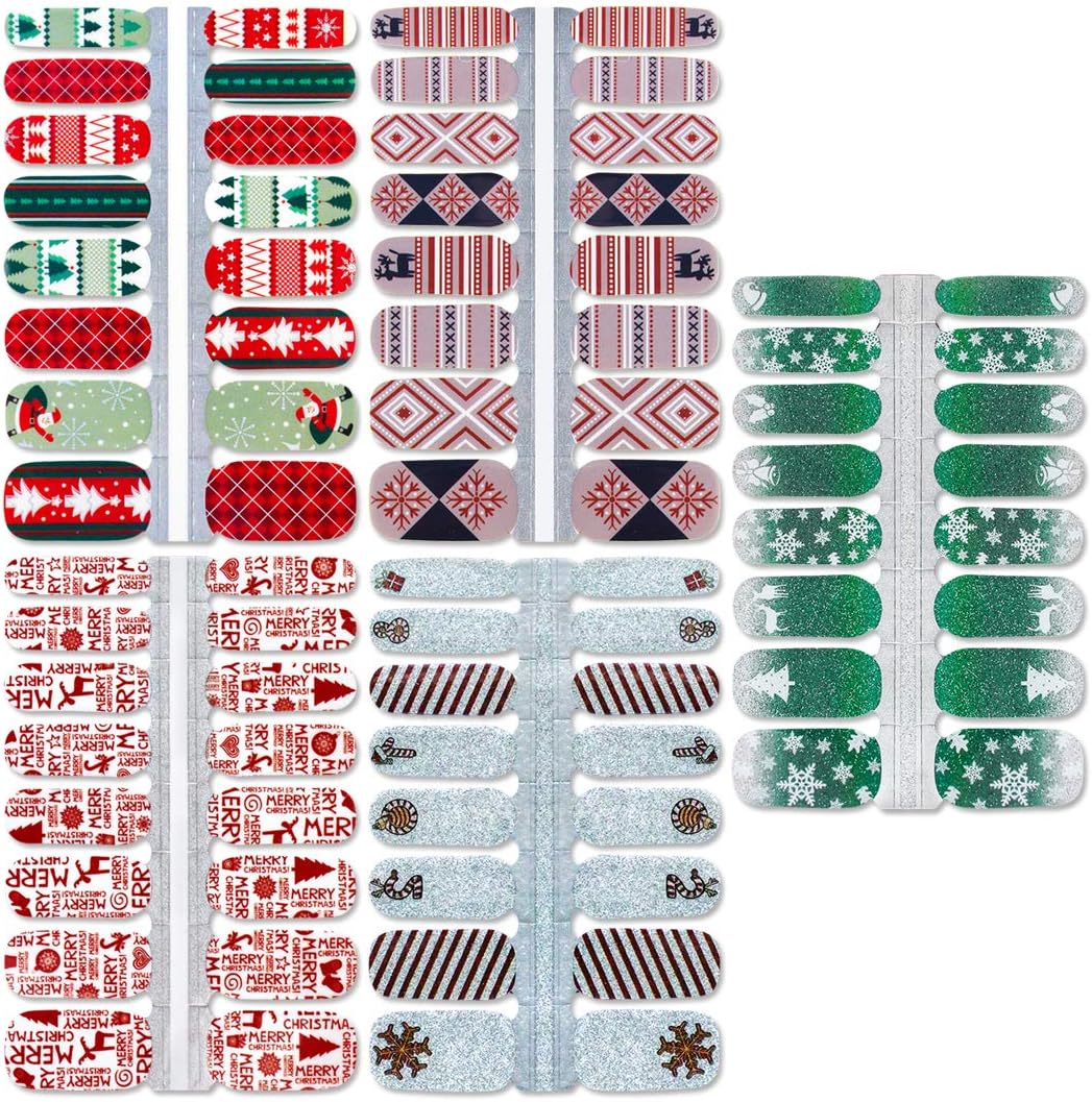 WOKOTO 5 Sheets Christmas Adhesive Nail Art Polish Stickers Tips with 1Pc Nail File Snow Winter Nail Wraps Decals Manicure Accessories