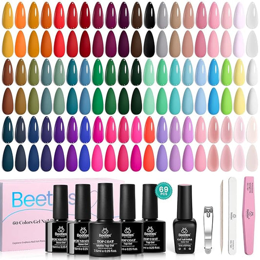 Beetles Fall Gel Nail Polish Set - Emotional Spectrum 69PCS 60 Colors Gel Polish Kit Base Coat Glossy & Matte Top Coat UV Led Soak off Collection Brown Red Black Nude White Gifts for Women