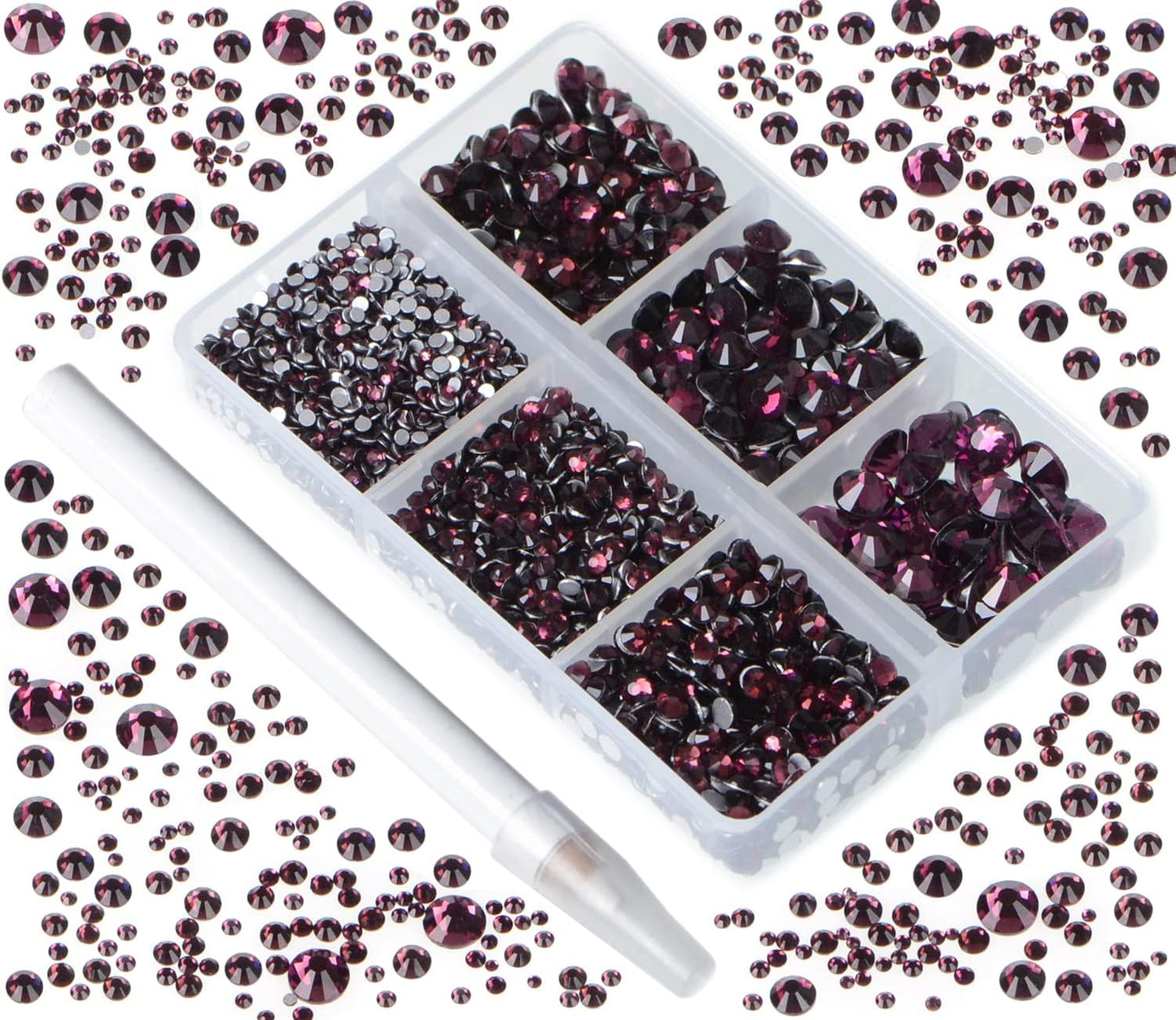 Bymitel 5000 Pieces 6 Mixed Sizes Glue Fix on Glass Rhinestones Round Crystal Gems Flatback for DIY Jewelry Making with one Picking Pen(6-Sizes 5000PCS, Amethyst)
