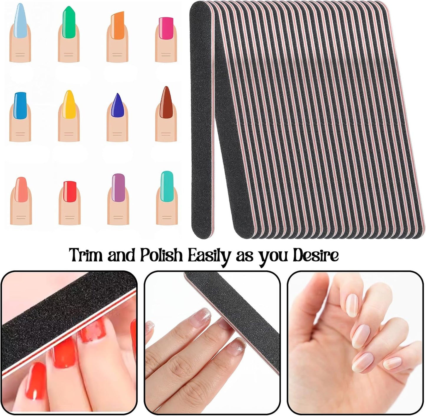 Nail Files (200 Pack), Professional Emery Board 100/180 Grit Nail File Double Sided Emory for Natural and Acrylic Nails Fingernail Files for Gel Nail Reusable Manicure Disposable Pedicure Black