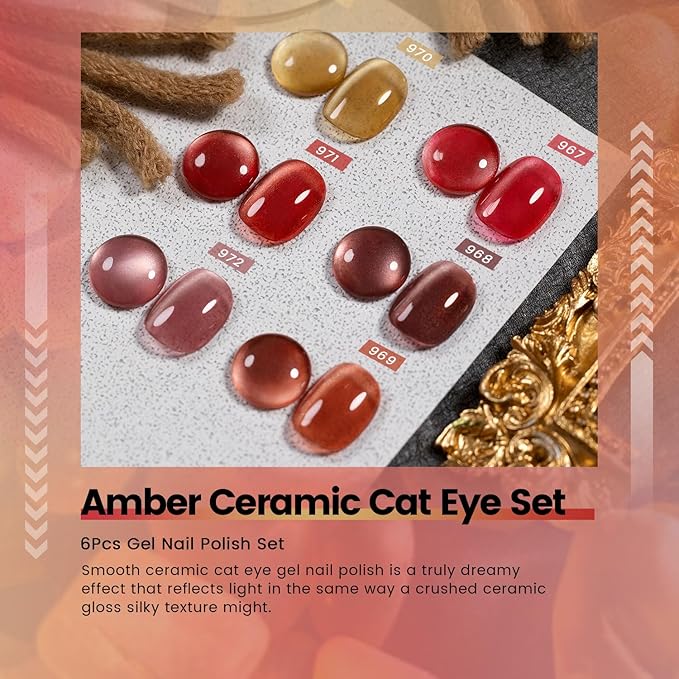 RARJSM Amber Ceramic Cat Eye Gel Nail Polish Set 6 Pcs Metallic Brown Dark Burgundy Orange Cooper Red Gray Mauve Velvet Silver Glitter Cateye Gel Polish with Magnetic Stick UV LED Curing Require Fall