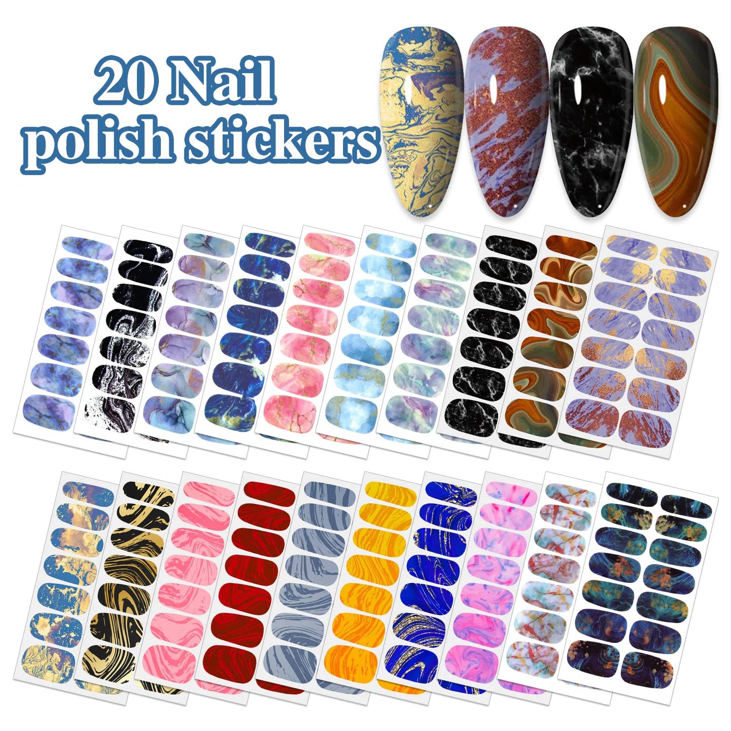 WOKOTO 20 Sheets Marble Design Nail Polish Strips Full Nail Wraps for Nail Art Decals Easy Apply Gradient Nail Stickers Self Ashesive Nail Polish Wraps Nail Color Strips for Nails Women Girls Kids
