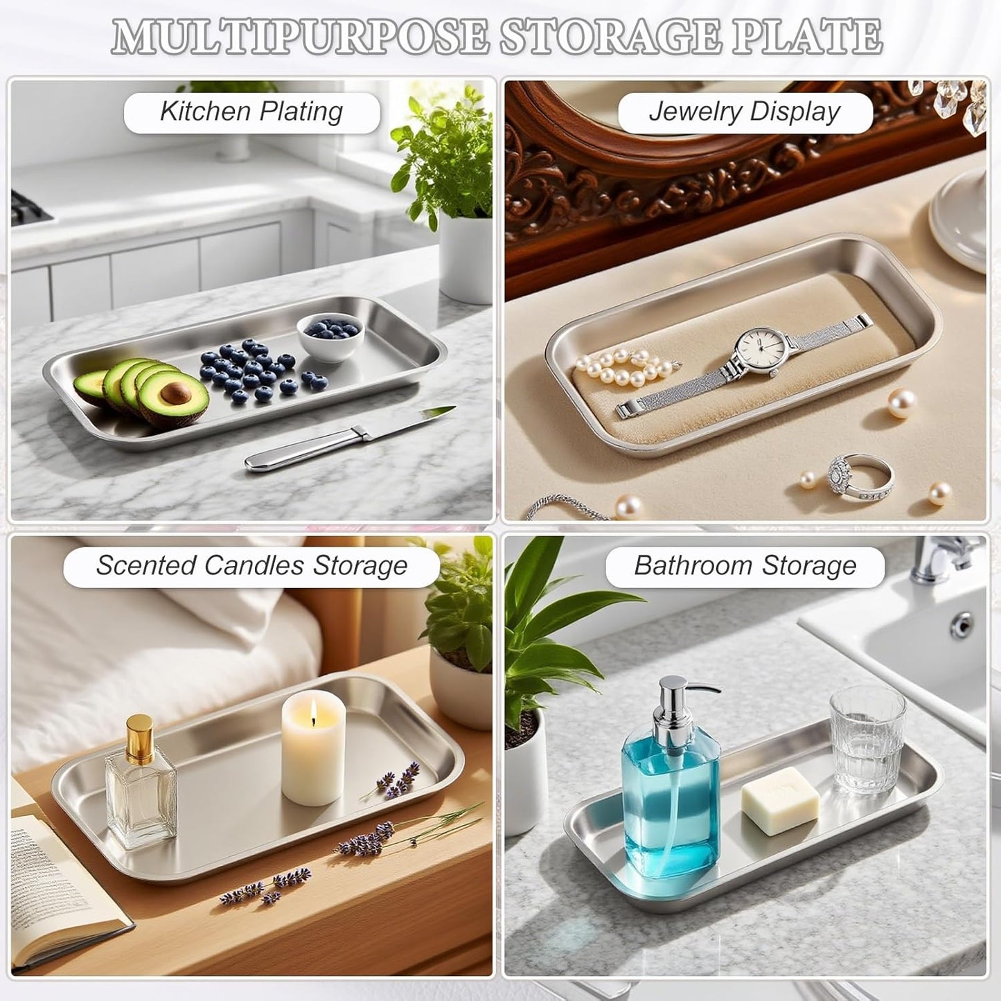 2 Pack Stainless Steel Silver Decorative Tray, Manicure Surgical Tools Placing Dish, Bathroom Vanity Trays for Dresser Counter