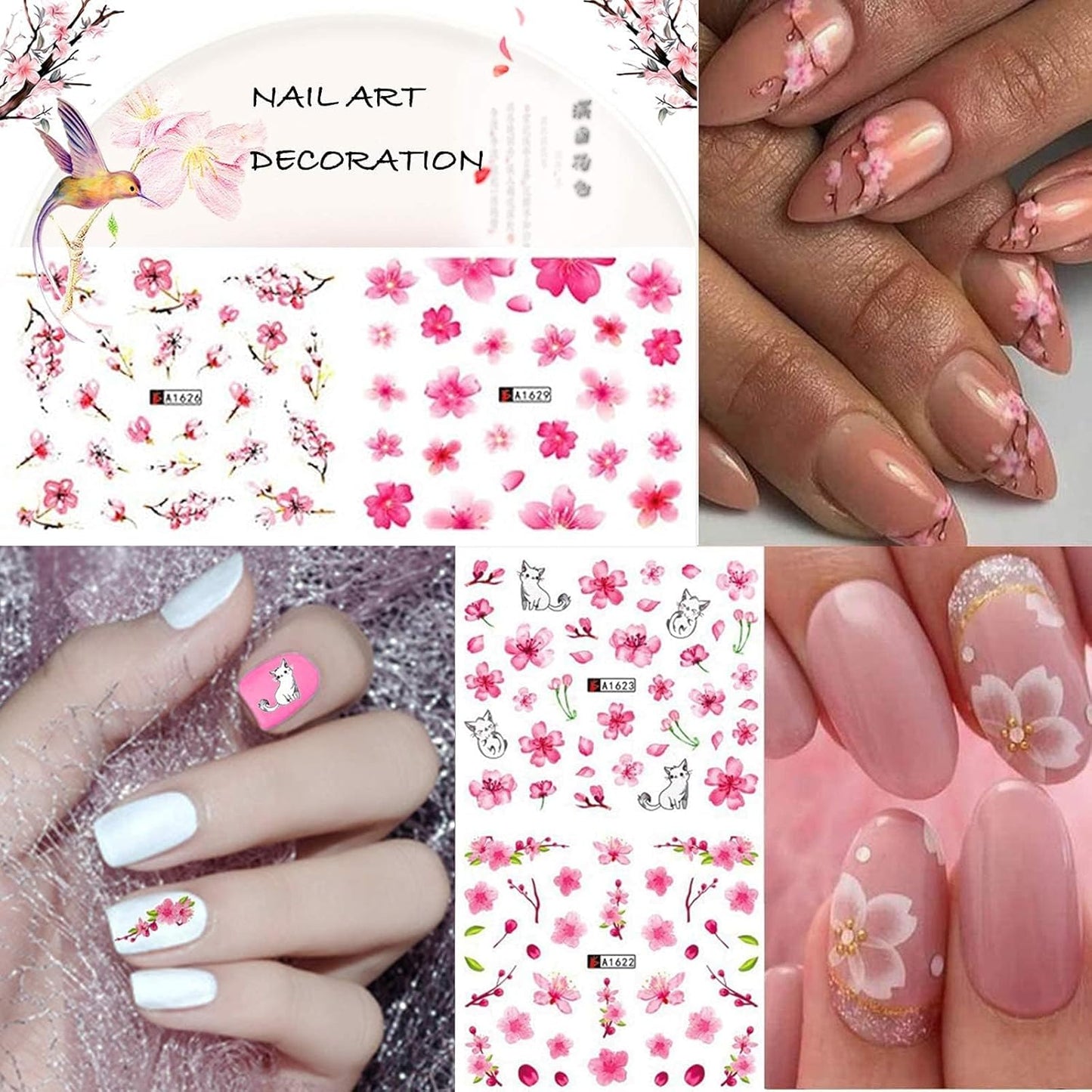 Pink Flowers Nail Stickers Pink Cherry Blossoms Decals with Tree Leaves and Animal Nail Art Sliders for Nail Art Decoration Watermark Designs Foil Nail Art Decals Manicure Tips Decorations (2 Pink)