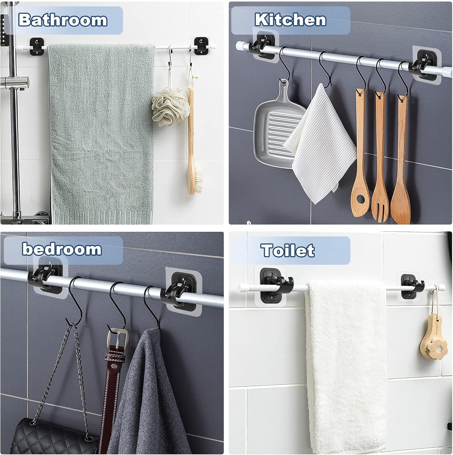 10PCS Self Adhesive Curtain Rod Holders No Drill Curtain Rods Brackets No Drilling Nail Free Adjustable Curtain Rod Hooks Curtain Hangers for Bathroom Kitchen Home Bathroom Hotel(Black)