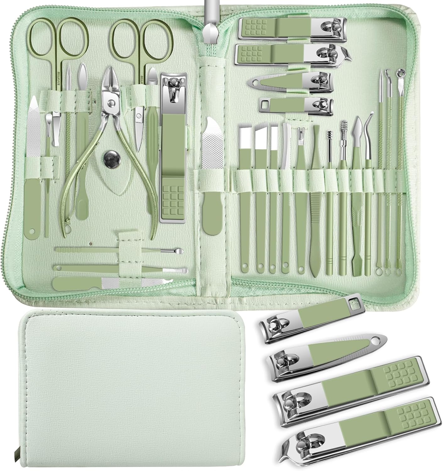 Manicure kit Personal Care Mens Grooming Kit, 30 in 1 Professional Nails Kit Pedicure Kit, Nail Clippers for Men and Nail Tools Portable Set, with Luxurious Travel Case (Green)
