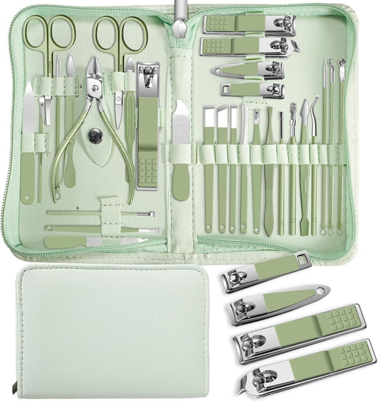 Manicure kit Personal Care Mens Grooming Kit, 30 in 1 Professional Nails Kit Pedicure Kit, Nail Clippers for Men and Nail Tools Portable Set, with Luxurious Travel Case (Green)