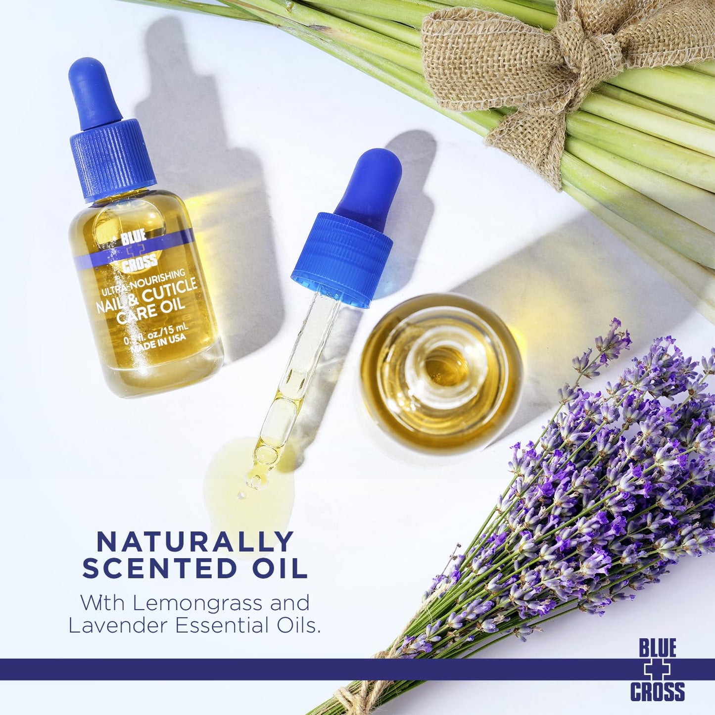 Blue Cross Nail & Cuticle Care Oil, Mineral Oil Free, Hydrating, Moisturizing, All Natural Professional Nail + Cuticle Care, Lemongrass/Lavender Scented Essential Oils, Made in USA, 16fl oz/473mL