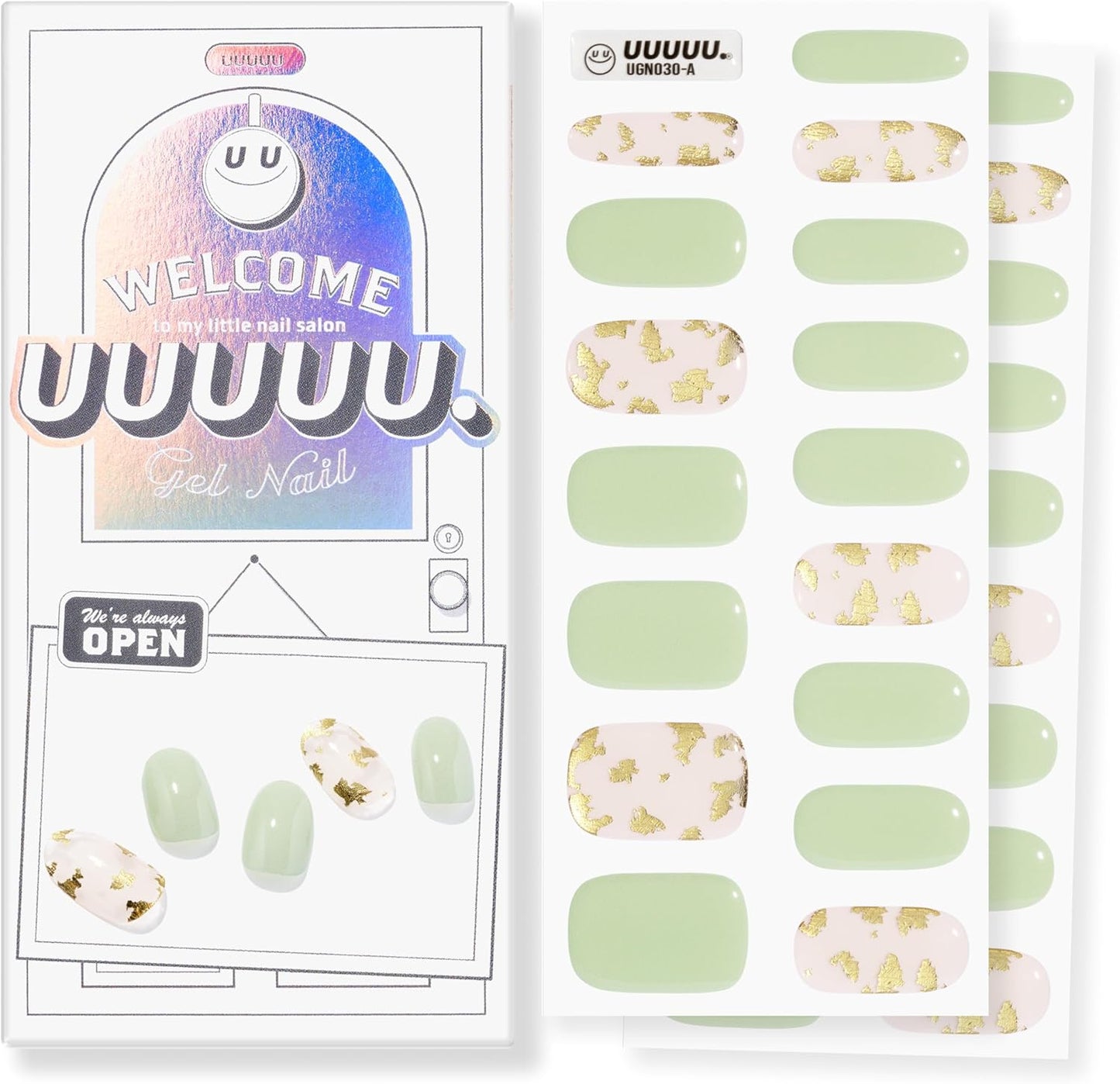 UUUUUU Semi Cured Gel Nail Strips | Salon-Quality | UV Free Gel Nail Wraps for Women | Easy Peel&Stick | Long-Lasting up to 14 Days | 28 Strips Set+File & Wipes | Gift-Ready (Green Gold Latte)