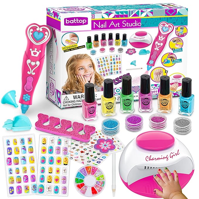 BATTOP Kids Nail Polish Set for Girls, Nail Art Kits with Nail Dryer & Glitter Pen, Quick Dry & Peel Off & Non-Toxic Nail Polish, Christmas Birthday Gifts for Girls Ages 6 7 8 9 10 11 12