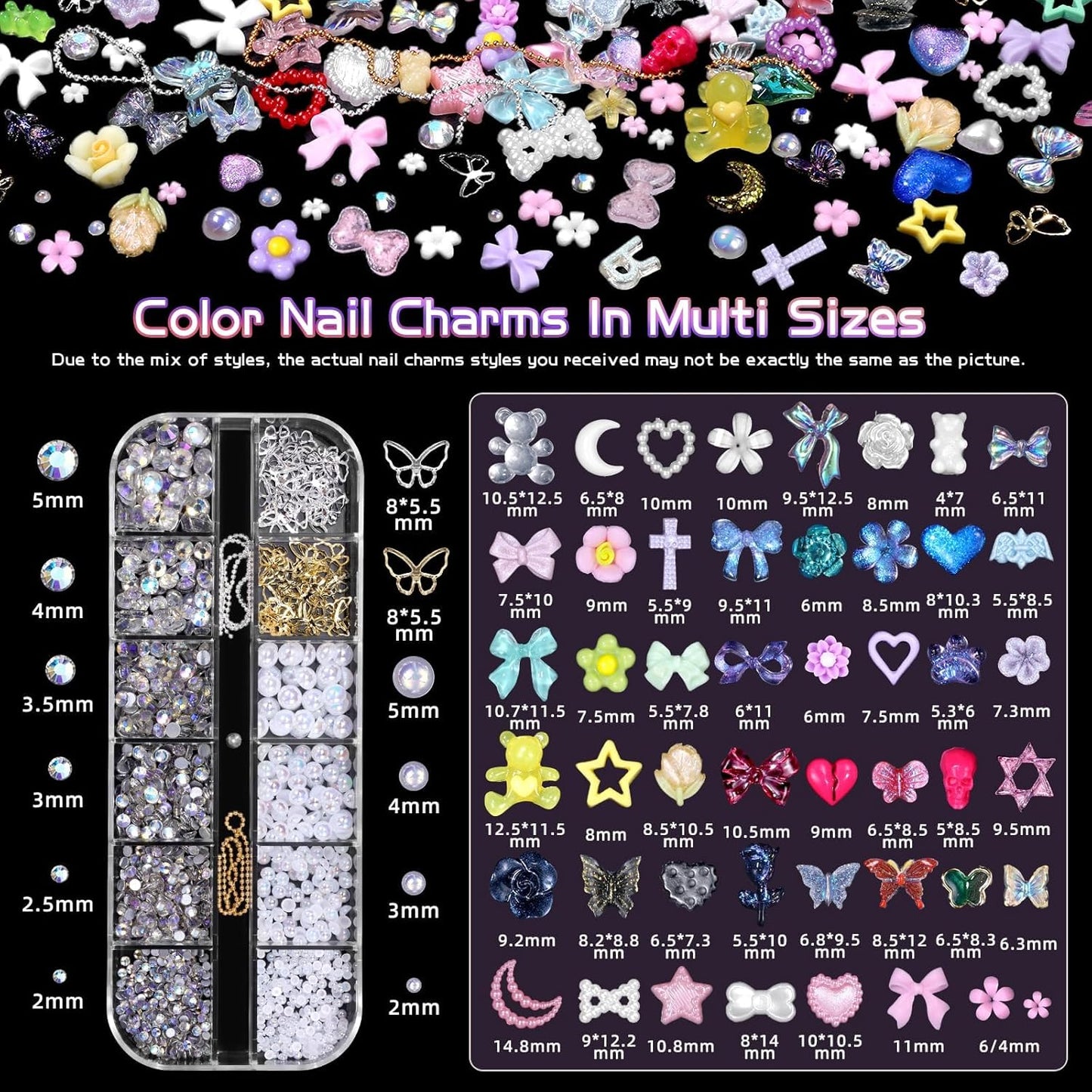 3D Nail Charms Set, Color Flower Bow Moon Heart Star Nail Art Charms, Half Round Pearl & Flatback Gems AB, Hollow Butterfly Alloy Nail Art Supplies DIY Accessories