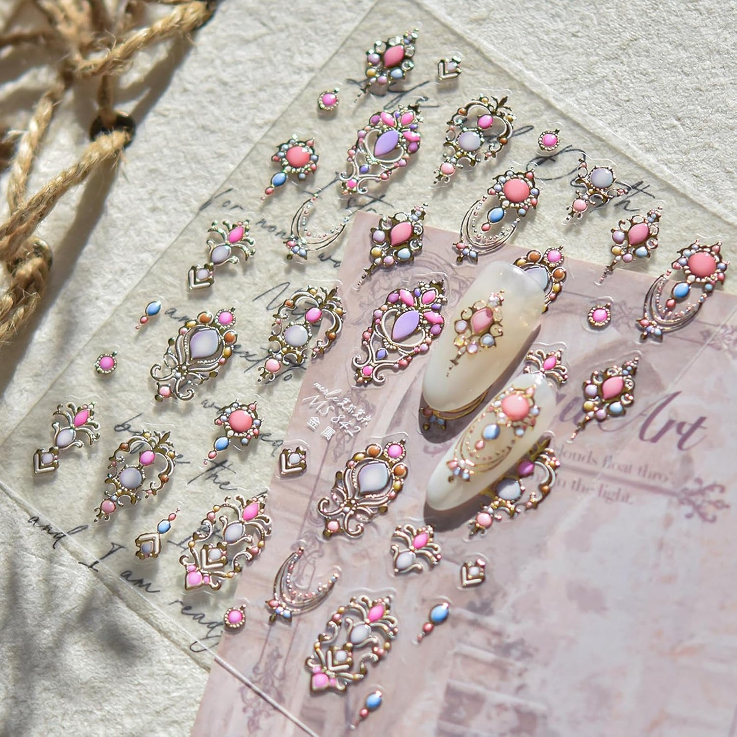 5D Embossed Gemstone Nail Stickers Gold Vintage Frame Nail Designs Flower Rose Golden 5D Self-Adhesive Luxury Baroque-Style Scepter Nail Decals for Women DIY Manicure 1 Sheet