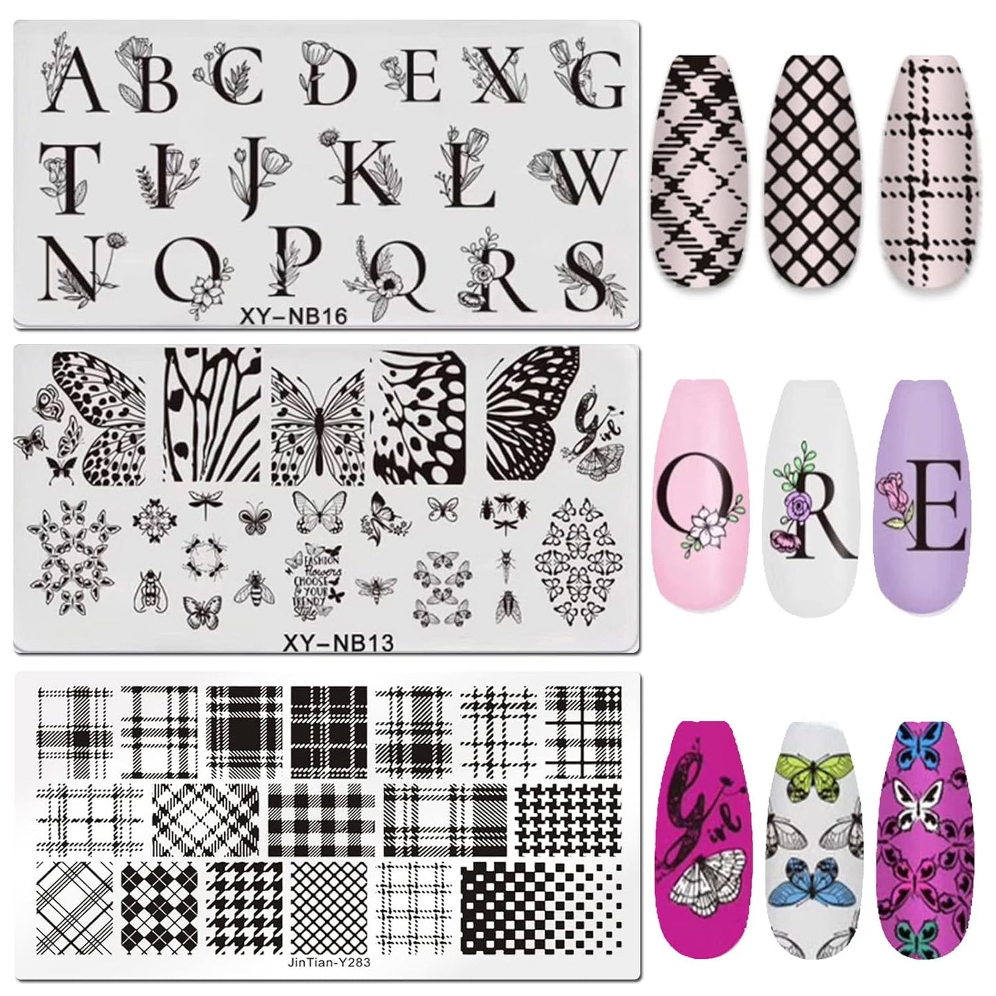 LoveOurHome Nail Stamping Plate Kit Letter Butterfly Lace Geometry Floral Fingernails Template Stencil Stamps Plate Silicone Stamper Scraper Manicure Design Tools Set (Letter)