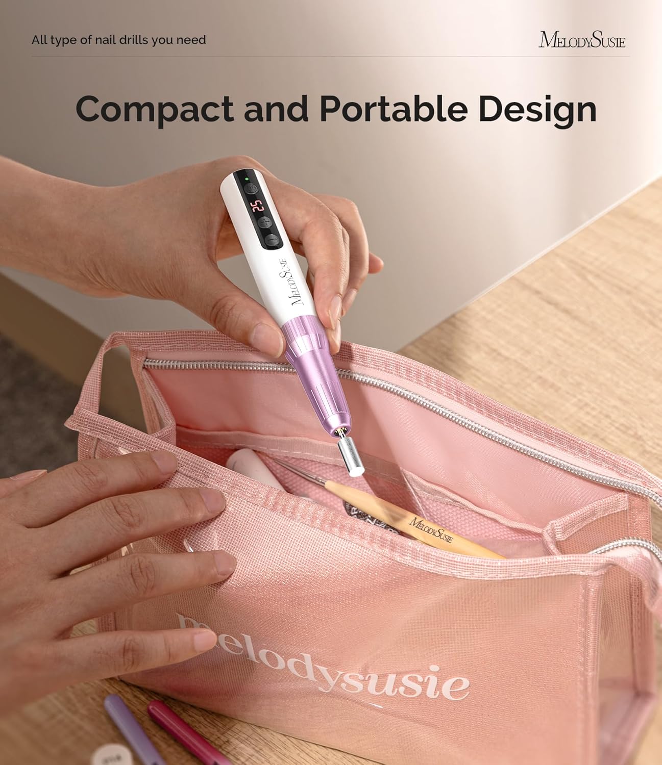 MelodySusie Pen-Shaped Portable Cordless Nail Drill, PC180E 25000RPM Rechargeable Electric File with LED Display for All Nail Care, Manicure Shaping & Acrylic Gel Removal for Nail Artists DIY at Home