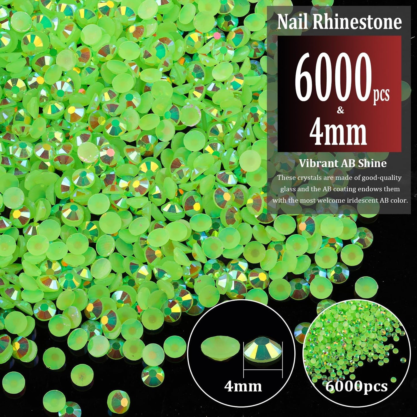 6000pcs 4mm Resin Rhinestones Bulk, Fluorescent Green AB Flatback Round Jelly Rhinestones Non Hotfix Crystal Gems Large Quantity Wholesale for DIY Crafts Clothes Face Makeup Manicure