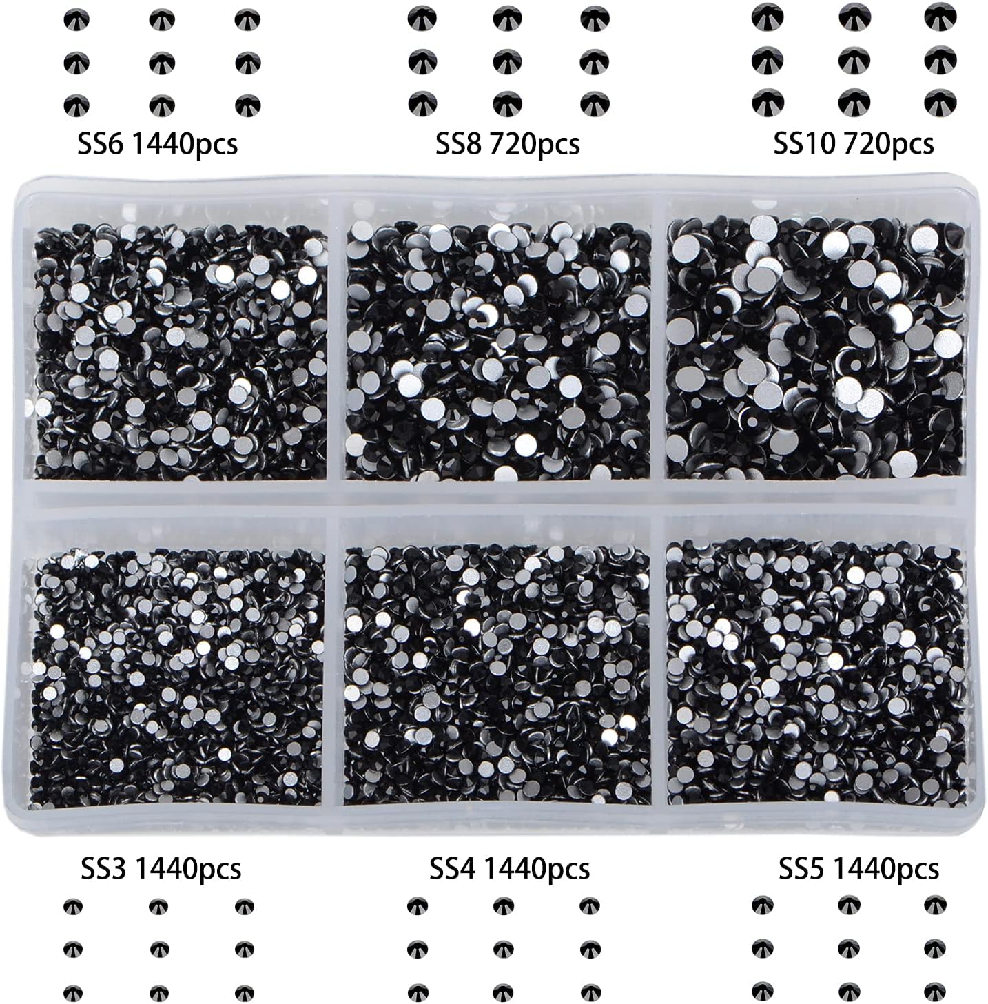 Bymitel 7200 Pieces 6 Mixed Sizes Glue Fix on Glass Rhinestones Round Crystal Gems Flatback for DIY Jewelry Making with one Picking Pen(Mix: SS3-SS10/7200PCS, Black)