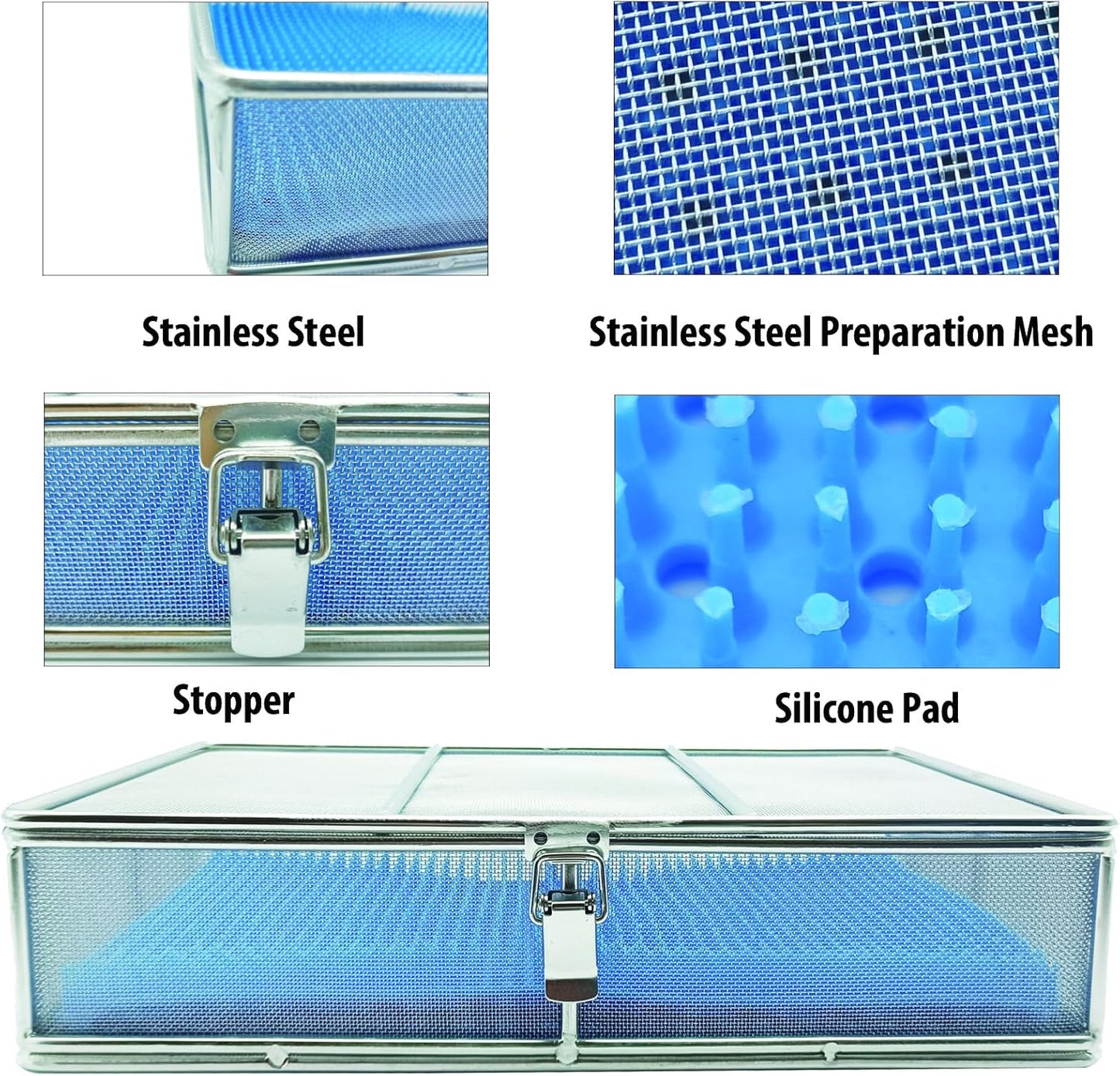 Instrument Tray with Silicone Mat&Lid, 11.81"x7.87"x2.75" (30x20x7cm), 304 Stainless Steel Sterilization Basket–Ultrasonic Perforated Mesh Tray for Ophthalmic, ENT Instruments, Cleaning&Sterilization