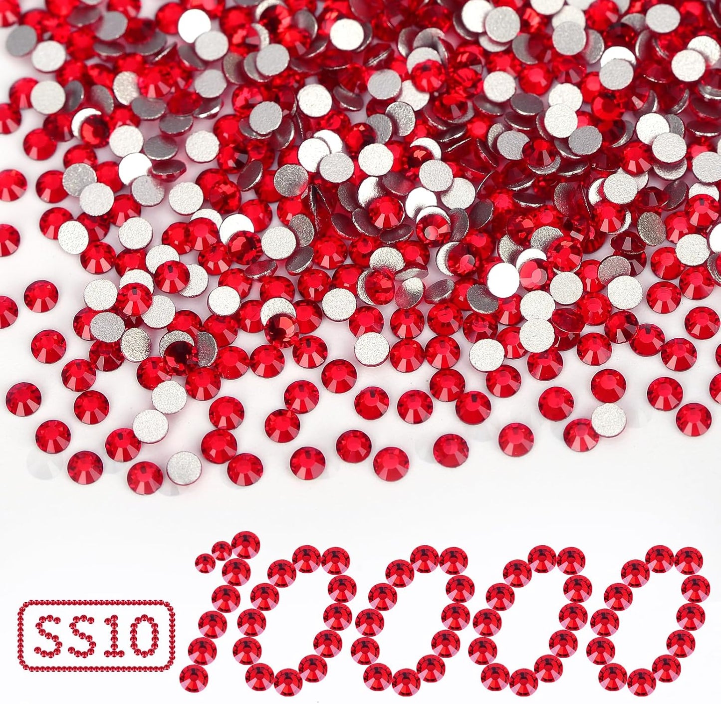 10000PCS Red Rhinestones Bulk, Flat Back Crystal Glass Stone Round Gems,SS10, 2.7-2.9mm