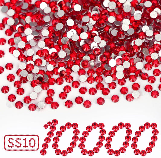 10000PCS Red Rhinestones Bulk, Flat Back Crystal Glass Stone Round Gems,SS10, 2.7-2.9mm