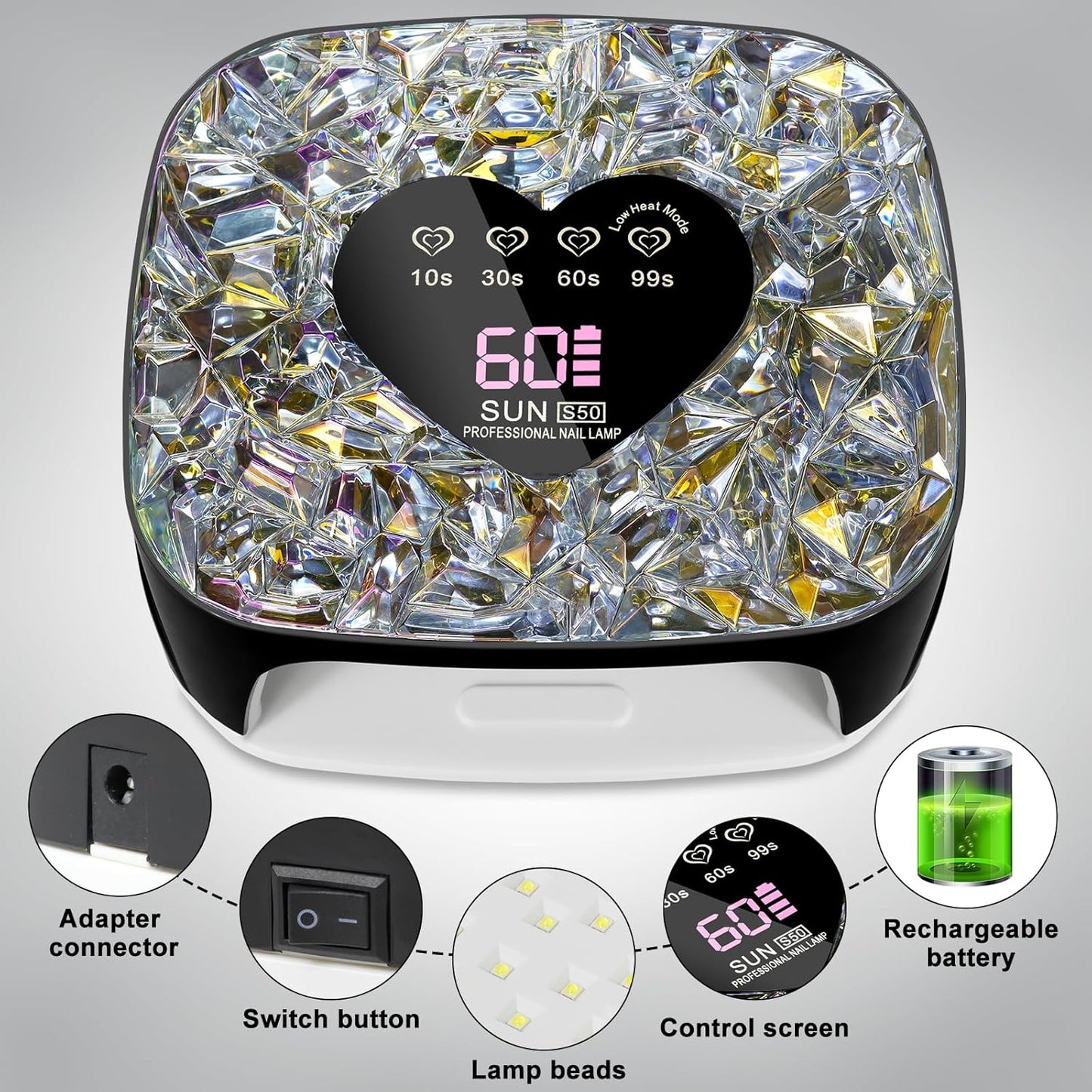 LIMEGIRL UV LED Nail Lamp Kit for Gel Polish Professional Fast Black Diamond Design Curing Dryer Light Set with 4 Timers and Gloves Cordless Rechargeable Nail Art Cure Machine at Home and Salon