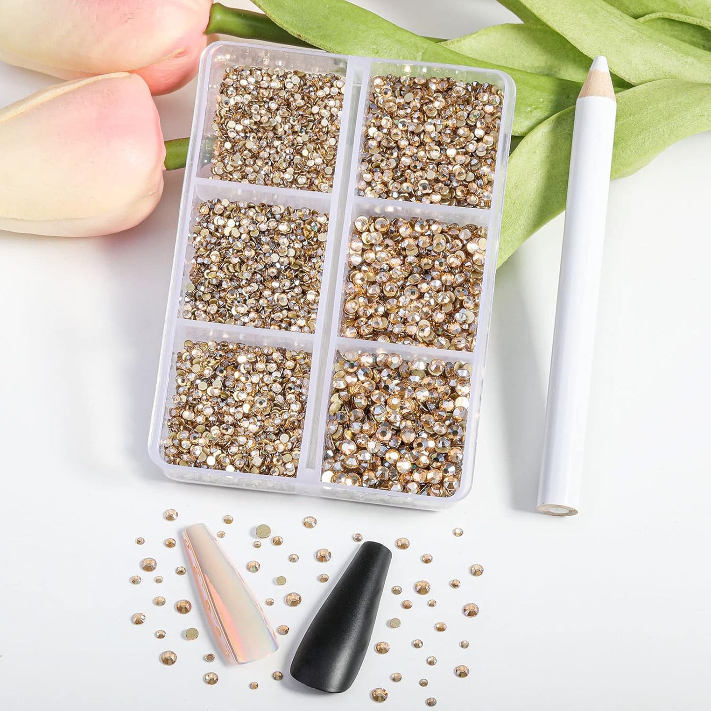 Beadsland 7200pcs Flatback Rhinestones,Gold Rhinestone Nail Gems Round Crystal Rhinestones for Crafts,Mixed 6 Sizes with Wax Pencil Kit, SS3-SS10,Golden Shadow