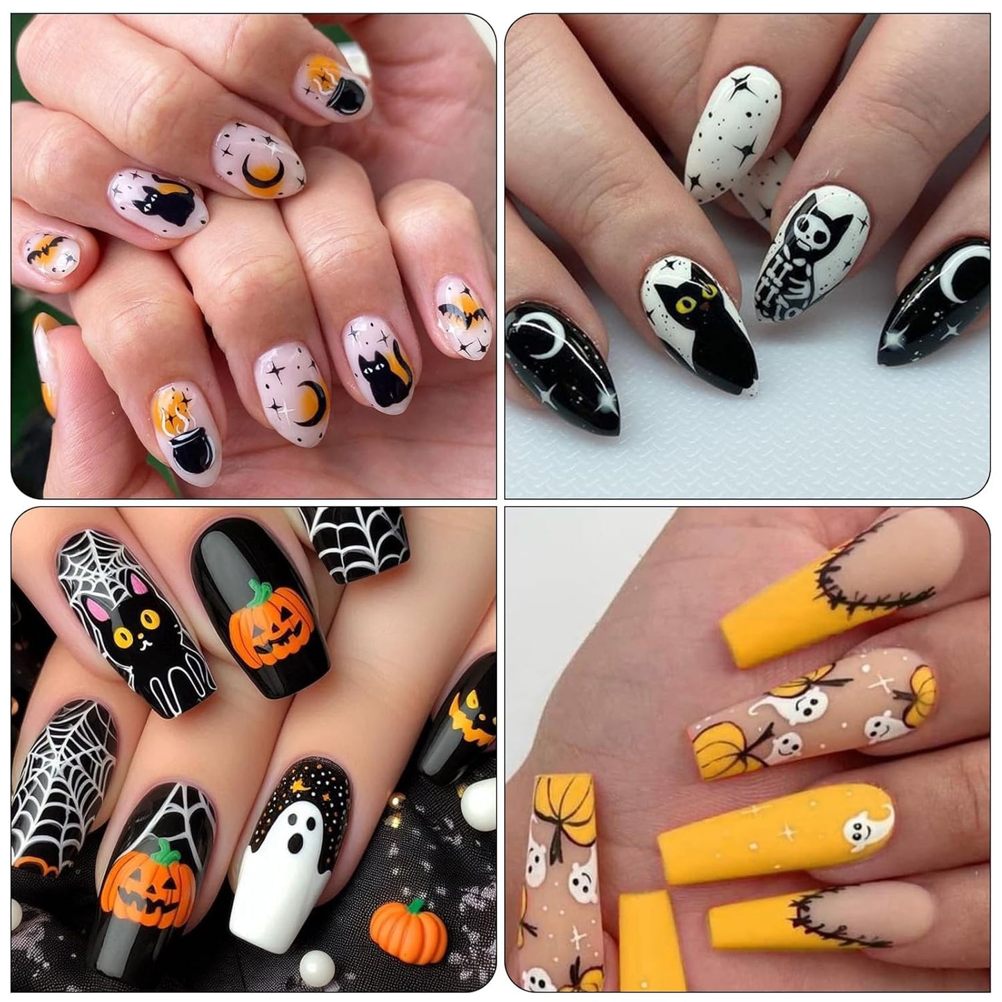 Halloween Spooky Nail Stickers, Embossed Ghost Black Cat 5D Self-Adhesive Nail Art Decals for DIY Cute Pumpkin Manicure (2 Sheets)