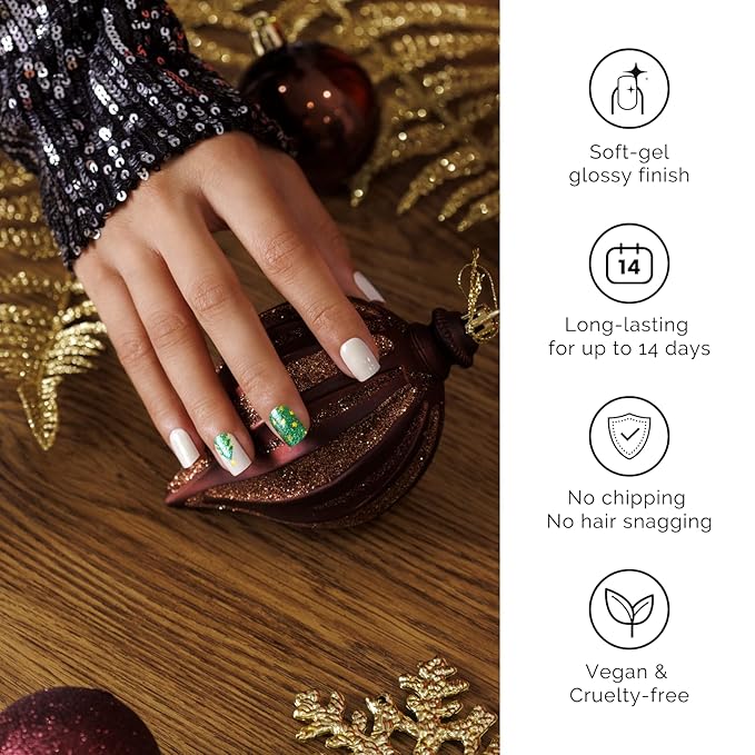 Nailog Semi Cured Gel Nail Strips 34 pcs| Long Lasting Nail Polish Sticker Wraps with Glossy Gel Finish, Twinkling Trees